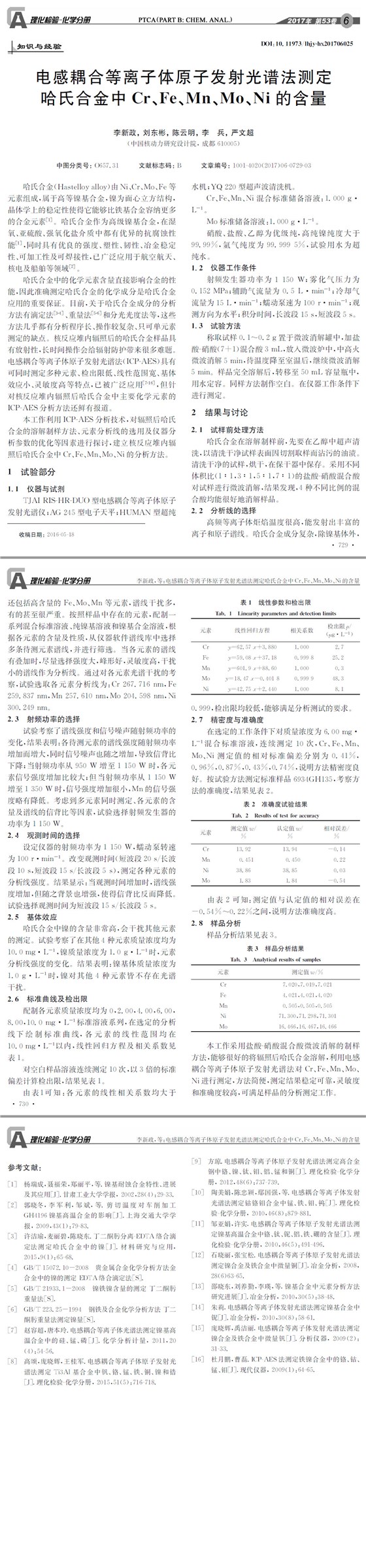 電感耦合等離子體原子發(fā)射光譜法測定哈氏合金中Cr、Fe、Mn、Mo、Ni的含量